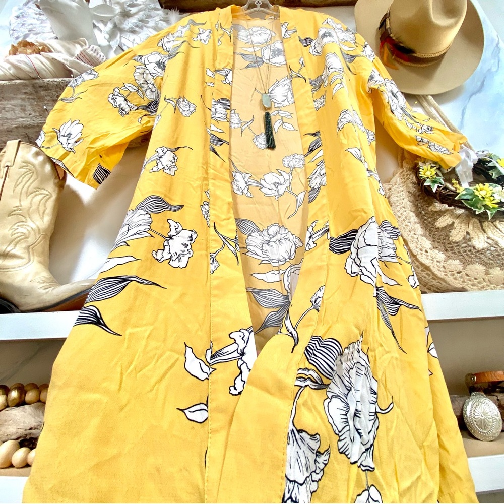 Yellow Floral Open-Front Kimono Cardigan Duster XL - Picture 3 of 9